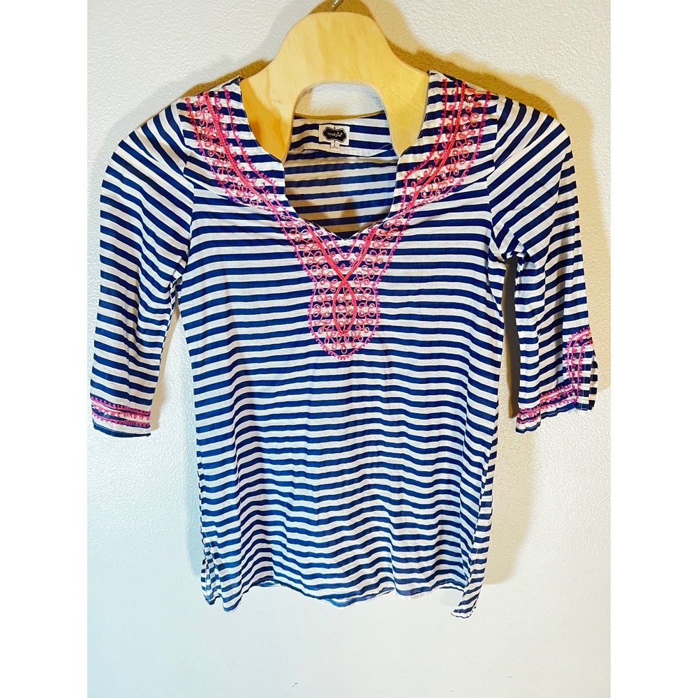 Mud Pie Tunic Top Women Large Blue‎ White Striped Pink Embroidered Preowned